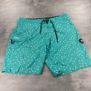 Vissla Coconut Board Shorts Teal White Triangle Print Swim‎ Trunks Mens 33 Surf